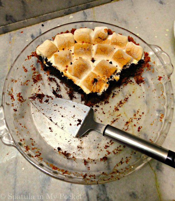 S'more brownie pie! Not just any pie...a biscuit crust, a brownie filling, and topped with gooey roasted marshmallows. 