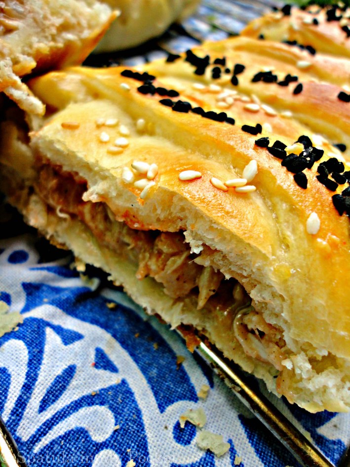 Fresh homemade bread filled with a creamy chicken filling.