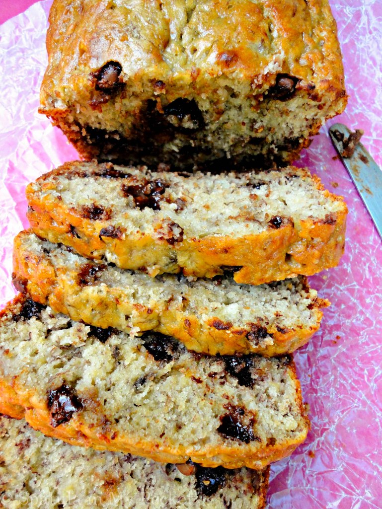 A spin on the classic - super moist banana bread studded with chocolate chips!