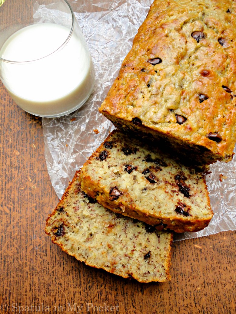 A spin on the classic - super moist banana bread studded with chocolate chips!