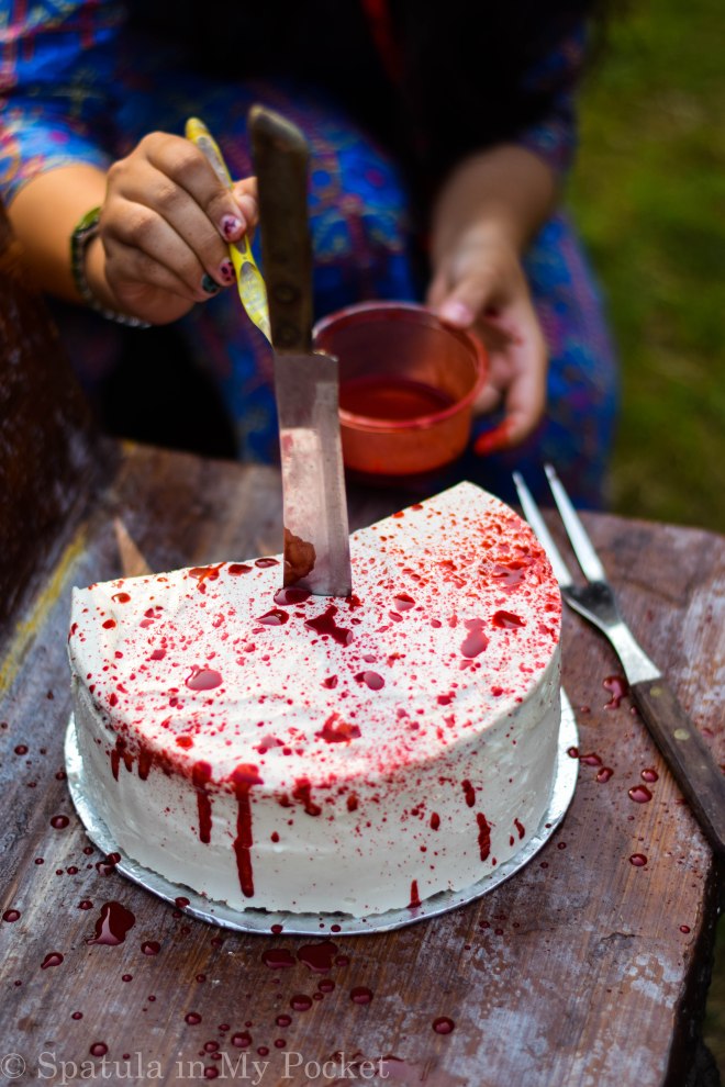 This blood splattered Red Velvet cake will make for a perfect center piece for your Halloween party, and will have everyone’s taste buds quivering!