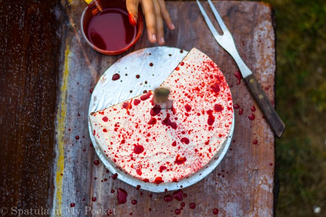 This blood splattered Red Velvet cake will make for a perfect center piece for your Halloween party, and will have everyone’s taste buds quivering!