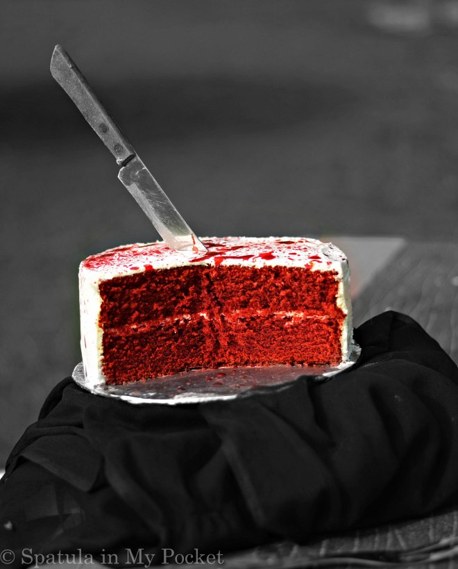 This blood splattered Red Velvet cake will make for a perfect center piece for your Halloween party, and will have everyone’s taste buds quivering!