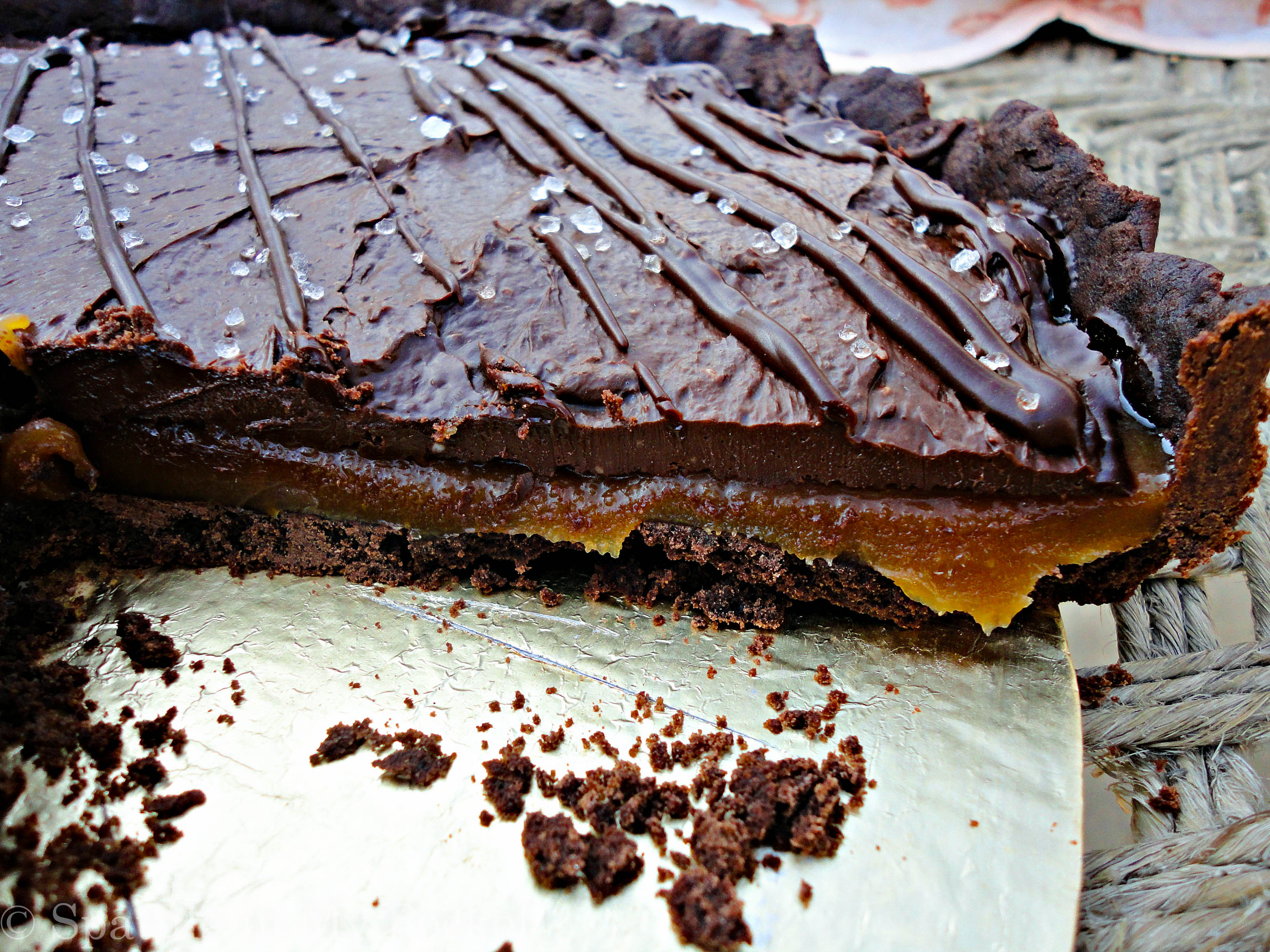 A dark chocolate all-butter cookie crust, lush salted caramel, and an incredibly decadent chocolate ganache –Salted Caramel Chocolate Tart