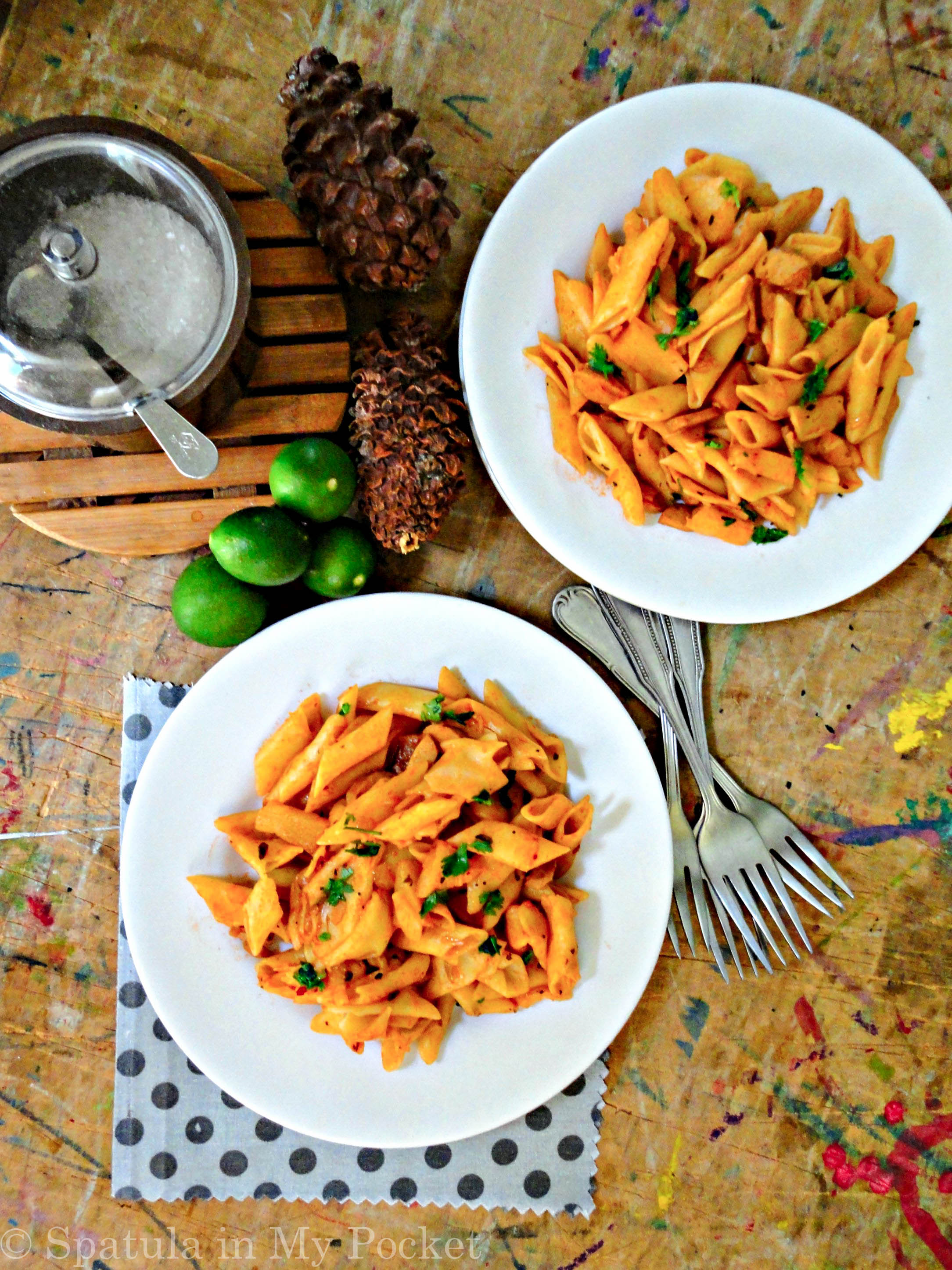 Spicy chicken sausages paired with the sweet syrupy pineapples…makes for one delicious pasta. 