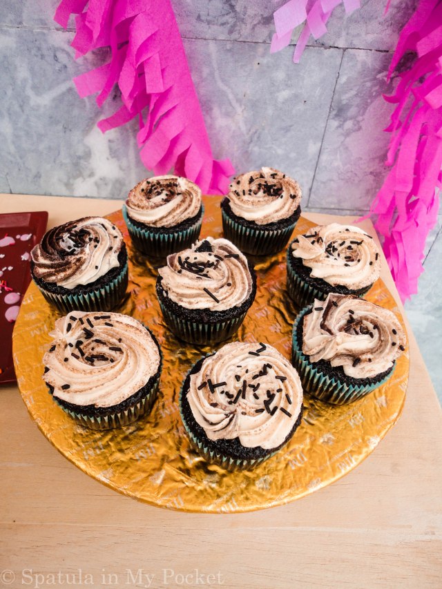 Classic Chocolate Cake with Swiss Meringue Buttercream on Spatula in My Pocket's 1st Blogiversary