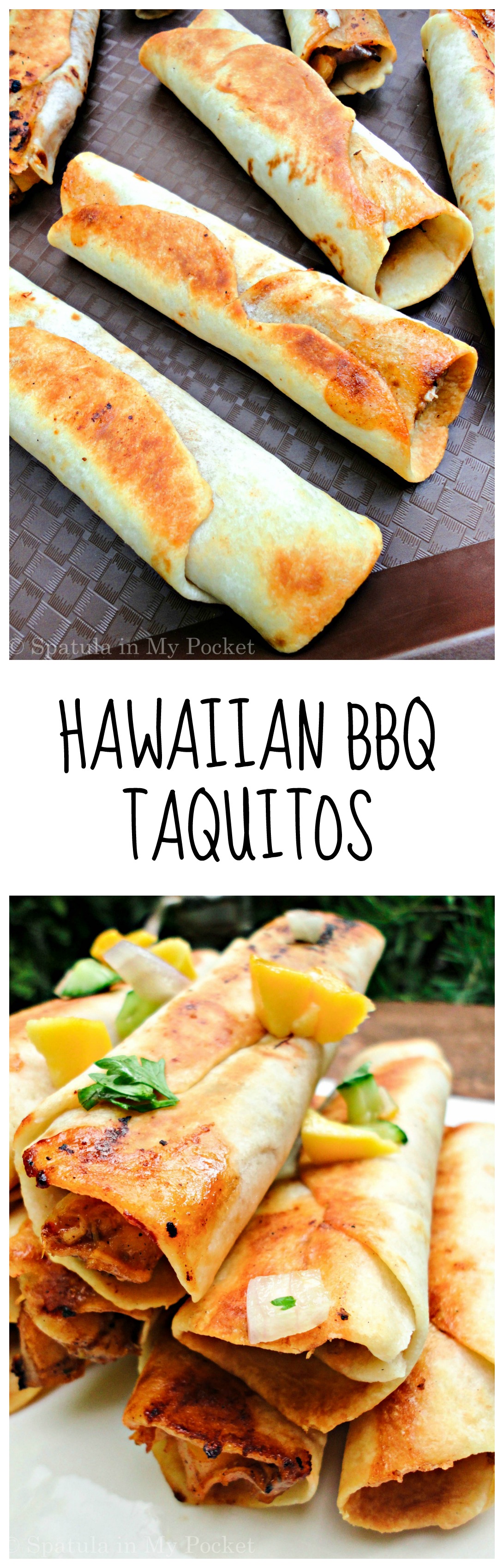 Hawaiian BBQ Taquitos. Filled with pineapples and mangoes, paired with a spicy tangy BBQ chicken, caramelized onions, and loads of fresh cheddar cheese. 
