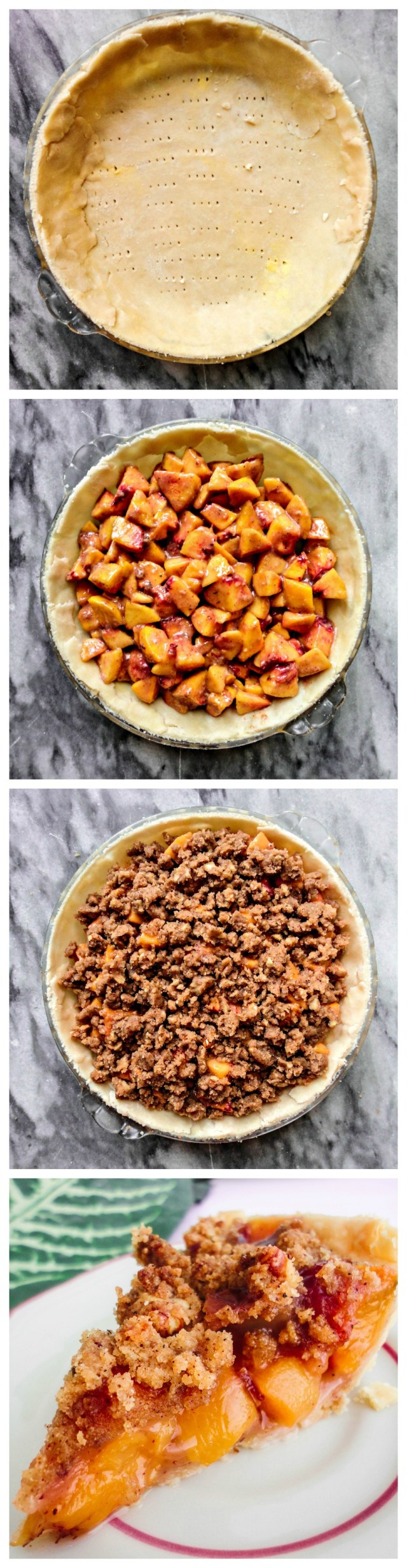 Peach Crumble Pie. A flaky crust filled with juicy peaches and topped with a walnut cinnamon crumble. It’s sweet. It’s juicy. It’s delicious.