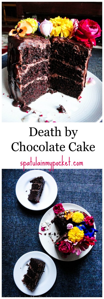 3 layers of rich moist chocolate cake, sandwiched with a dreamy creamy chocolate fudge frosting, and topped with drizzles of smooth lush chocolate ganache.