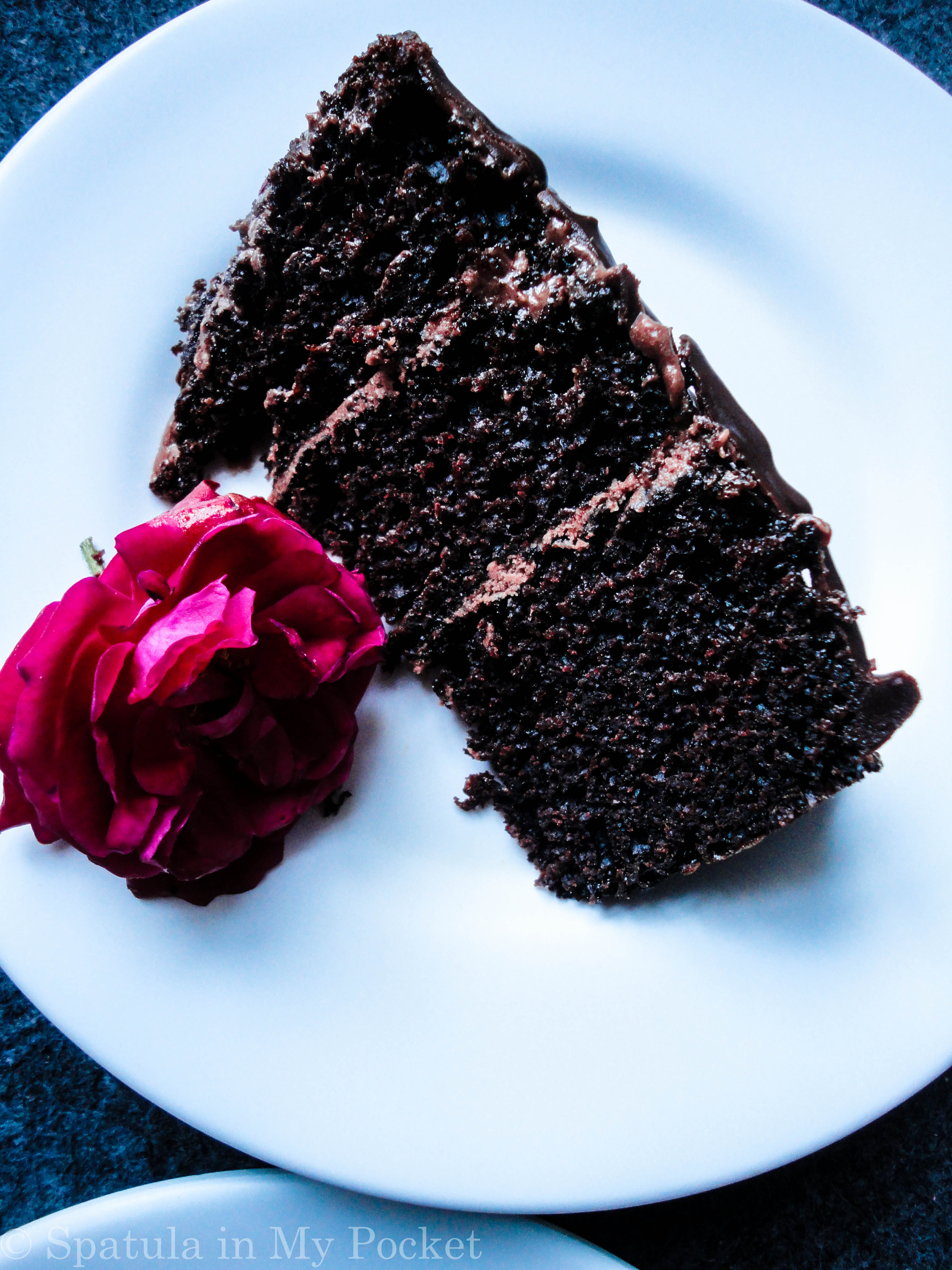 3 layers of rich moist chocolate cake, sandwiched with a dreamy creamy chocolate fudge frosting, and topped with drizzles of smooth lush chocolate ganache.