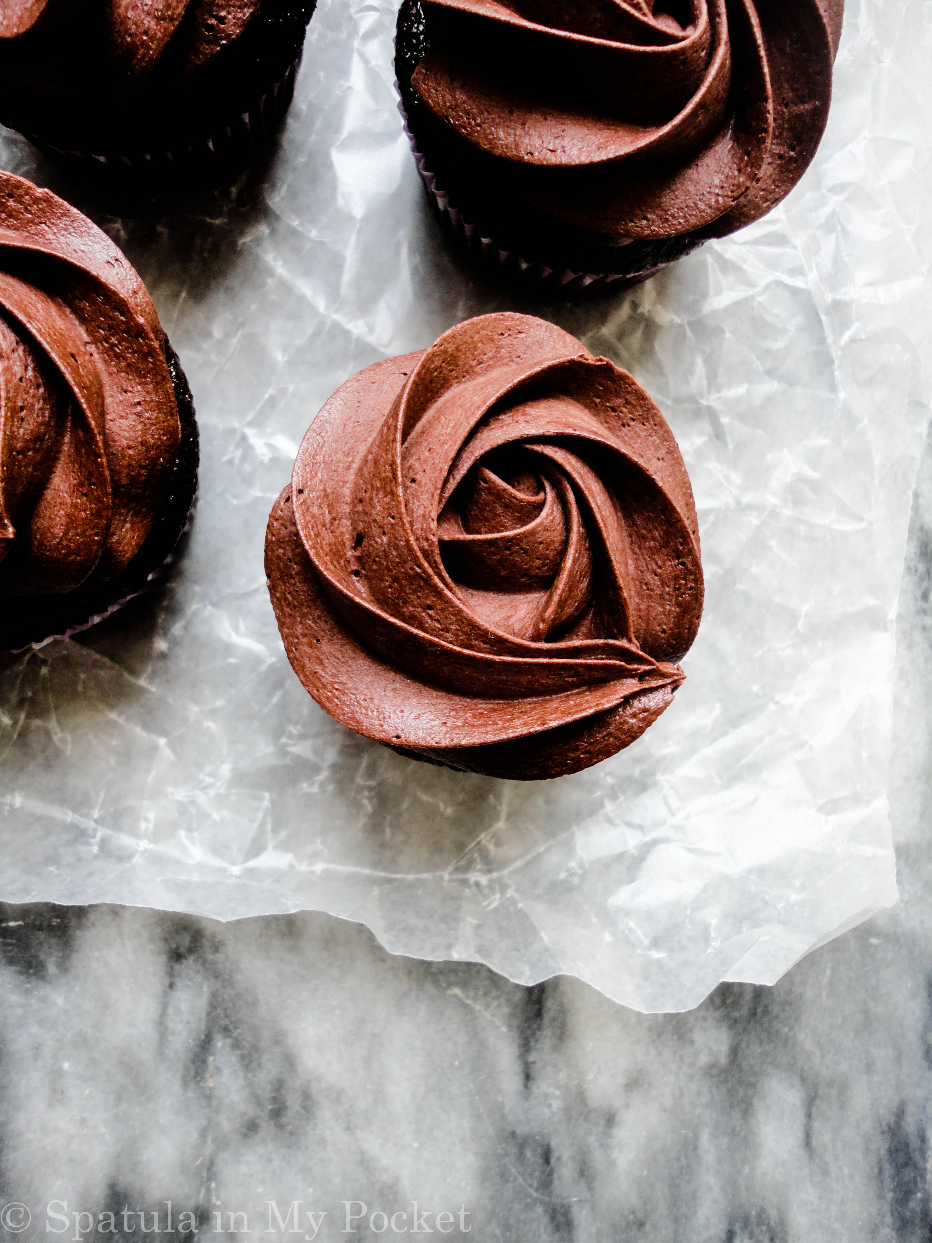 Moist chocolate cupcakes topped with a fudgy chocolate frosting
