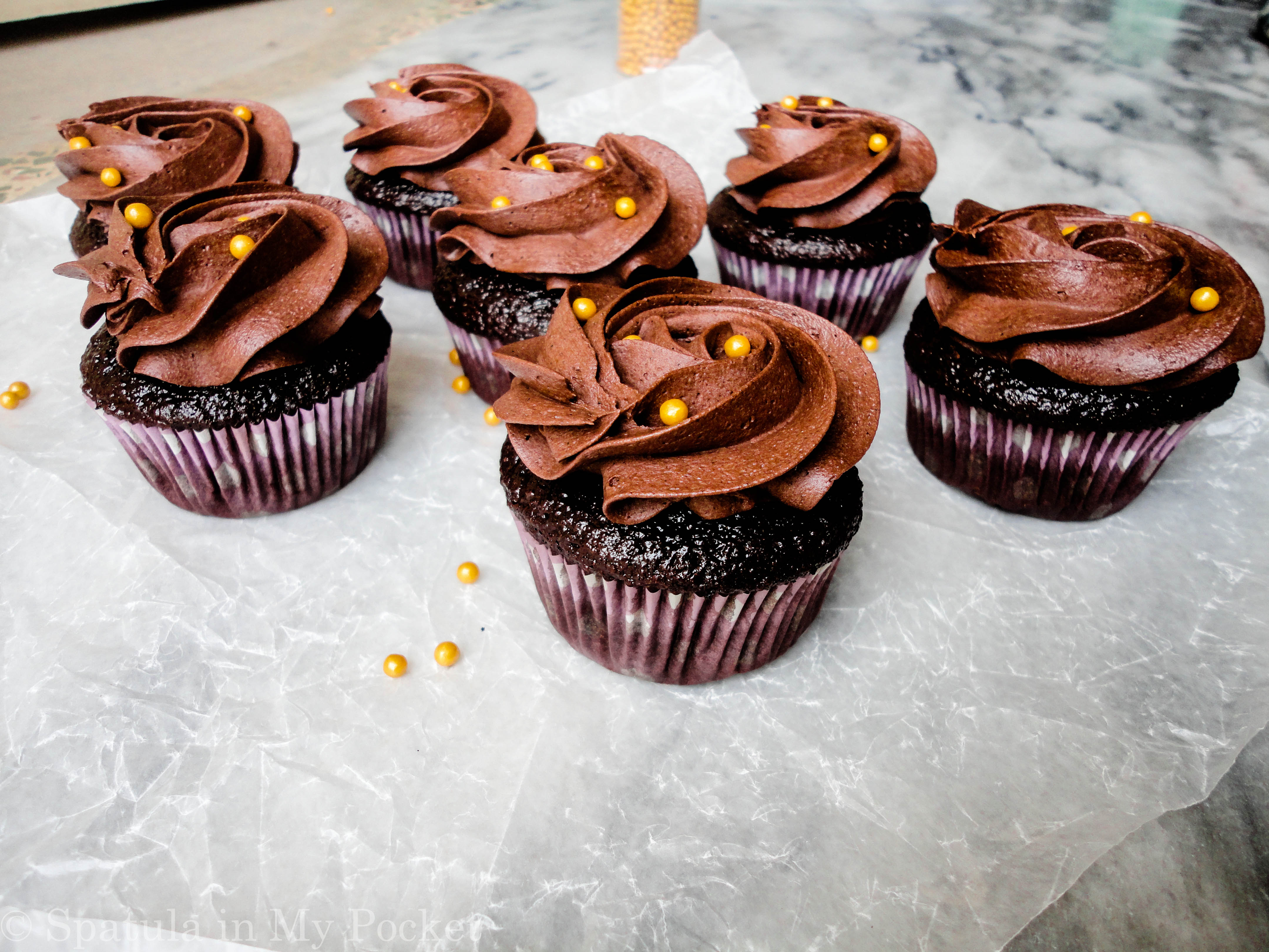 Moist chocolate cupcakes topped with a fudgy chocolate frosting