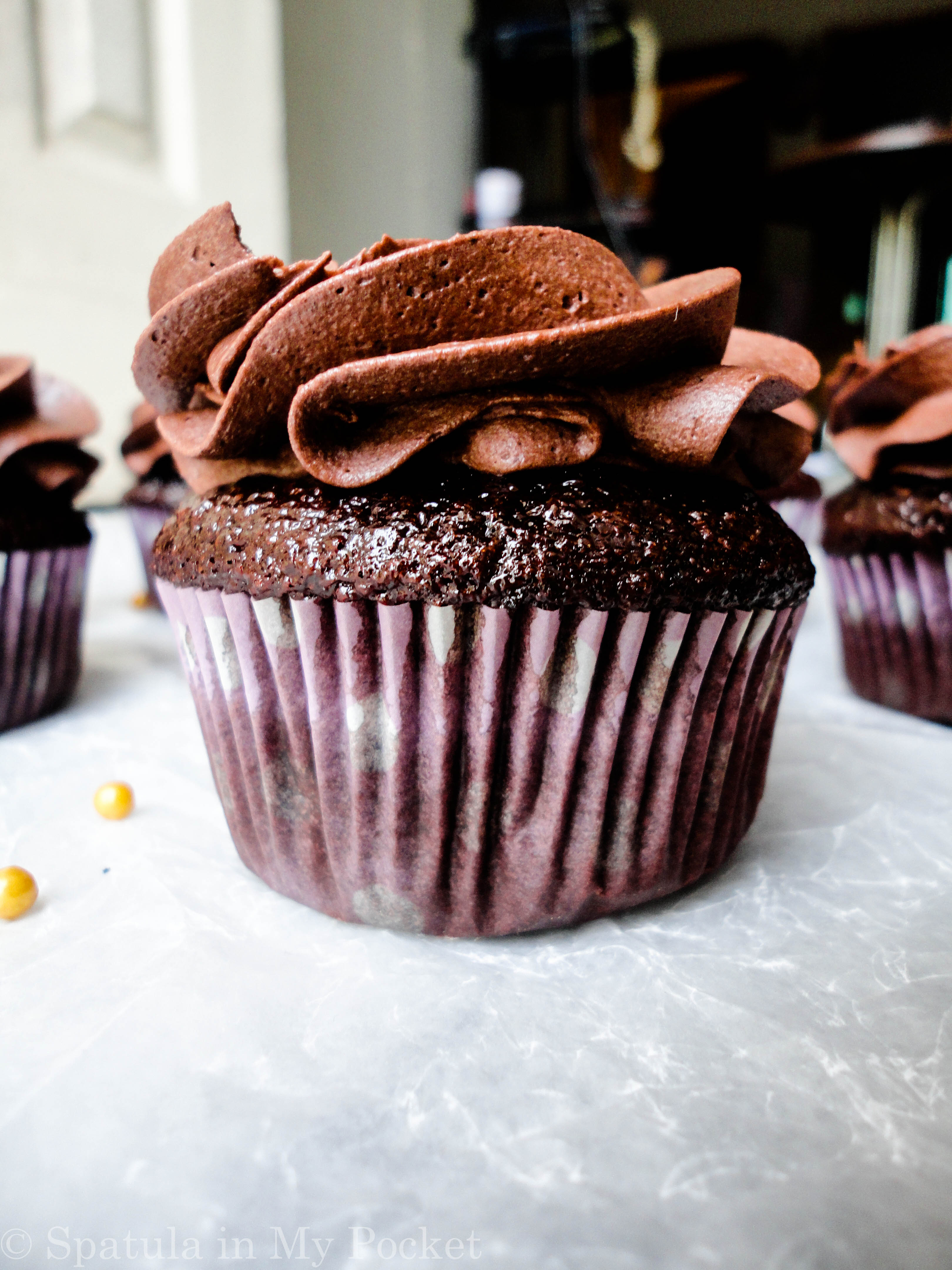 Moist chocolate cupcakes topped with a fudgy chocolate frosting