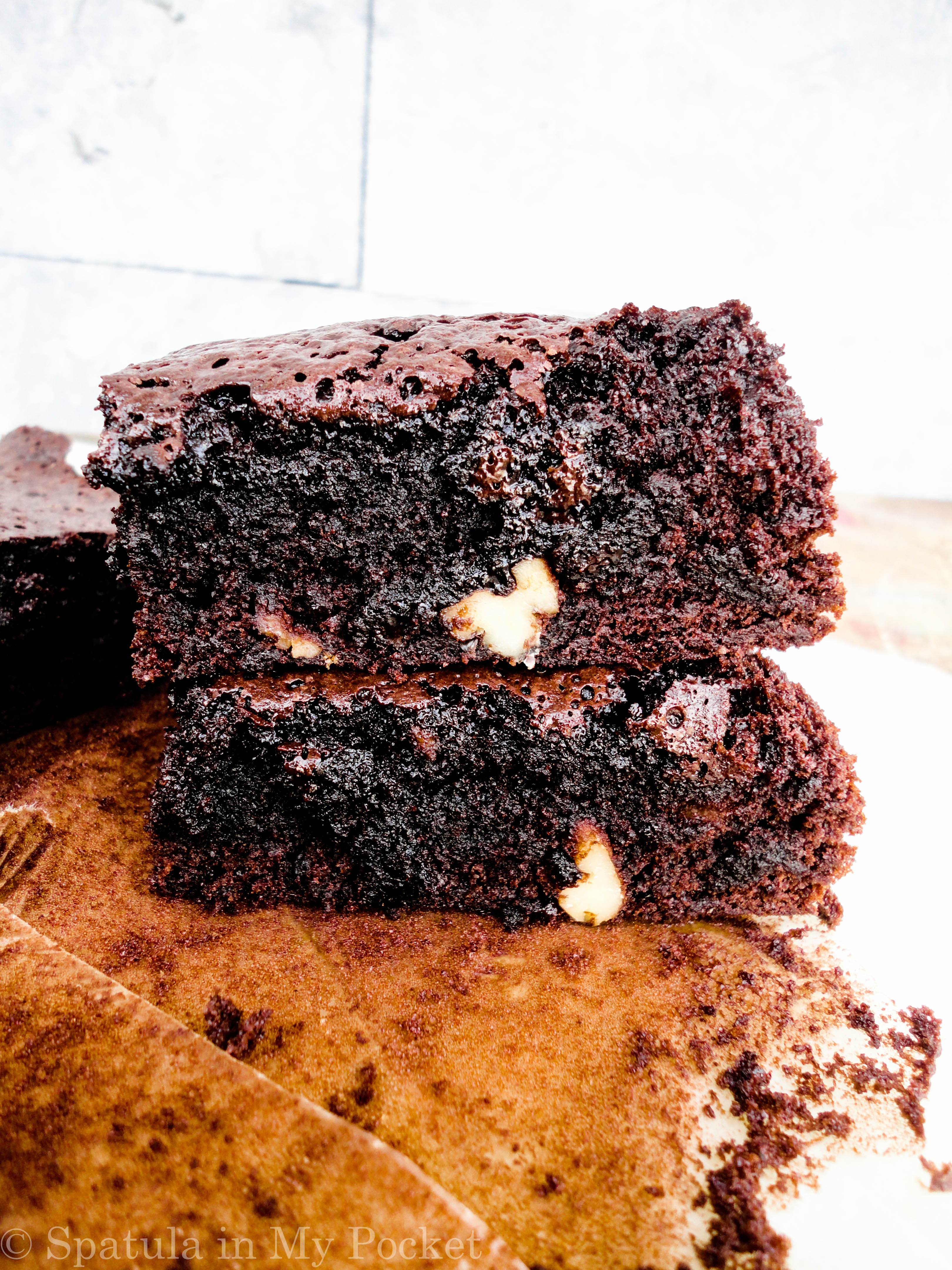 A Rich, fudgy, ALL cocoa brownie. #chocolate #brownies #fudge #spatulainmypocket