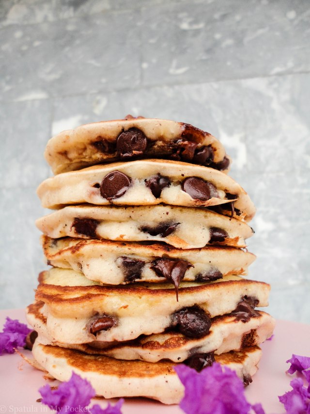 The ultimate recipe for the ultimate stack of pancakes, sweetened with bananas, and loaded with melty gooey chocolate chips. #banana #chocolatechip #pancakes